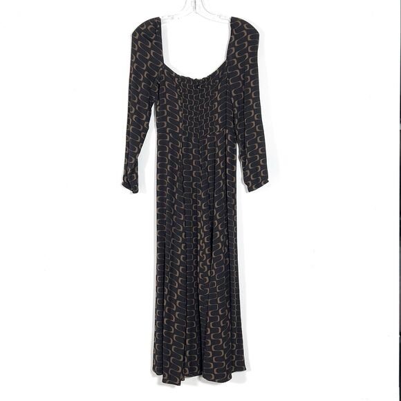Reformation Sigmund Side Slit Midi Dress Sz 8 Black Linguini Print Square Neck - Picture 4 of 12
